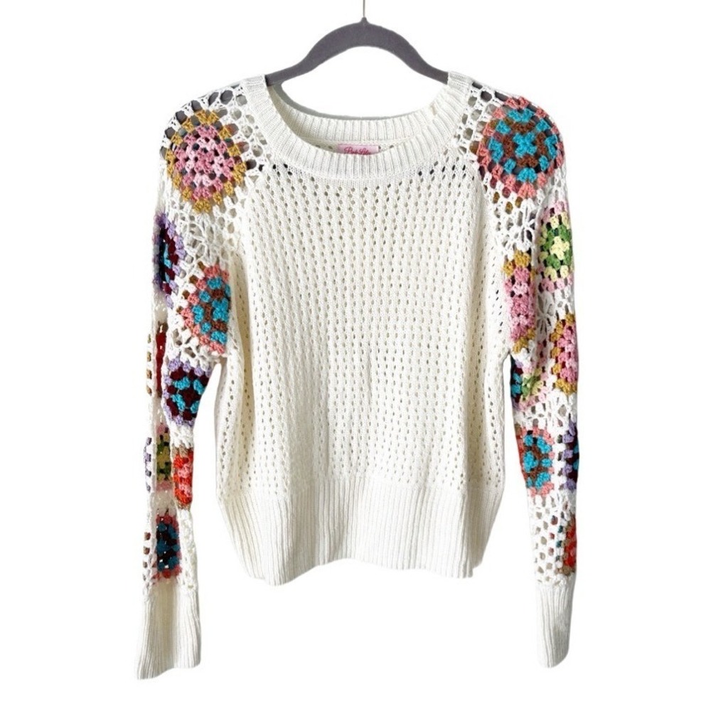 Bohemian Crochet Granny Square Sweater Size Small Pink Lily Boutique